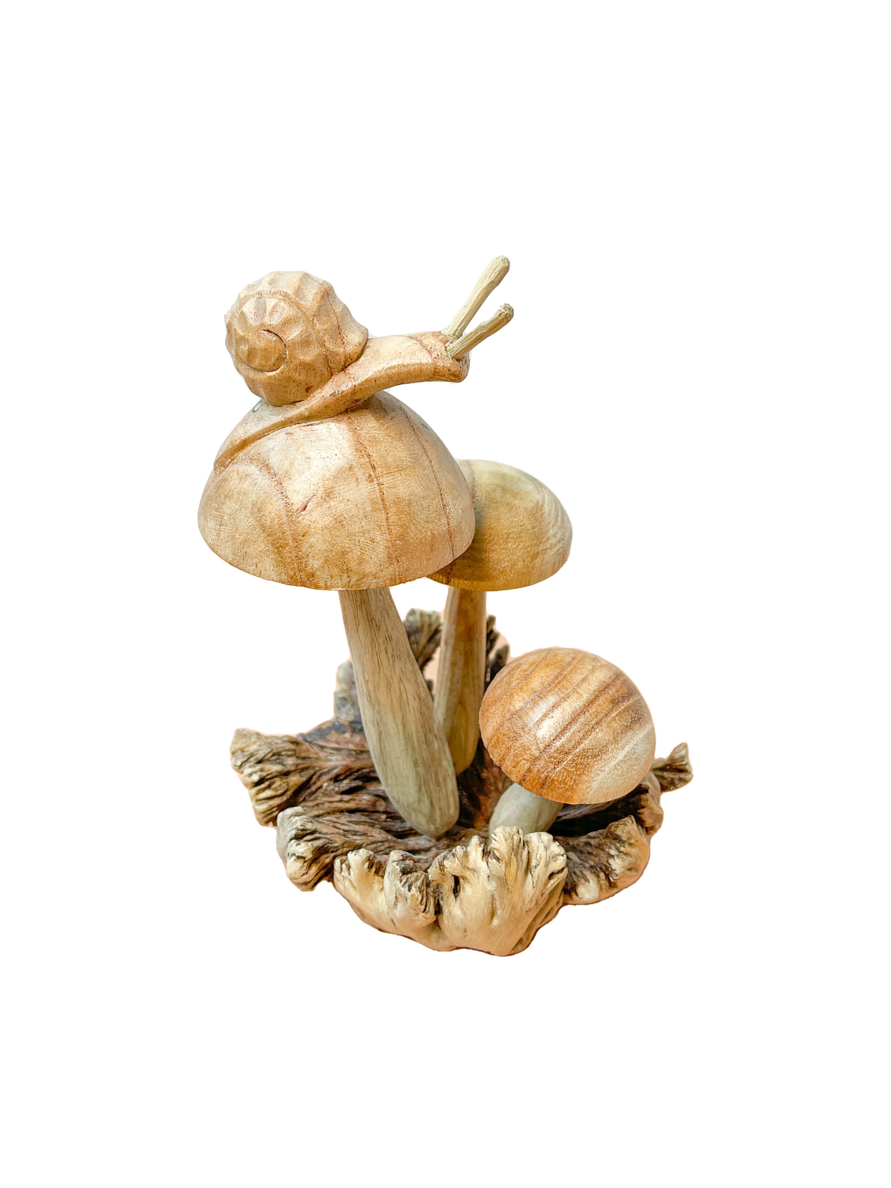 Wooden Snail on Three Mushrooms