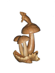 Wooden Carved Mouse on Mushrooms