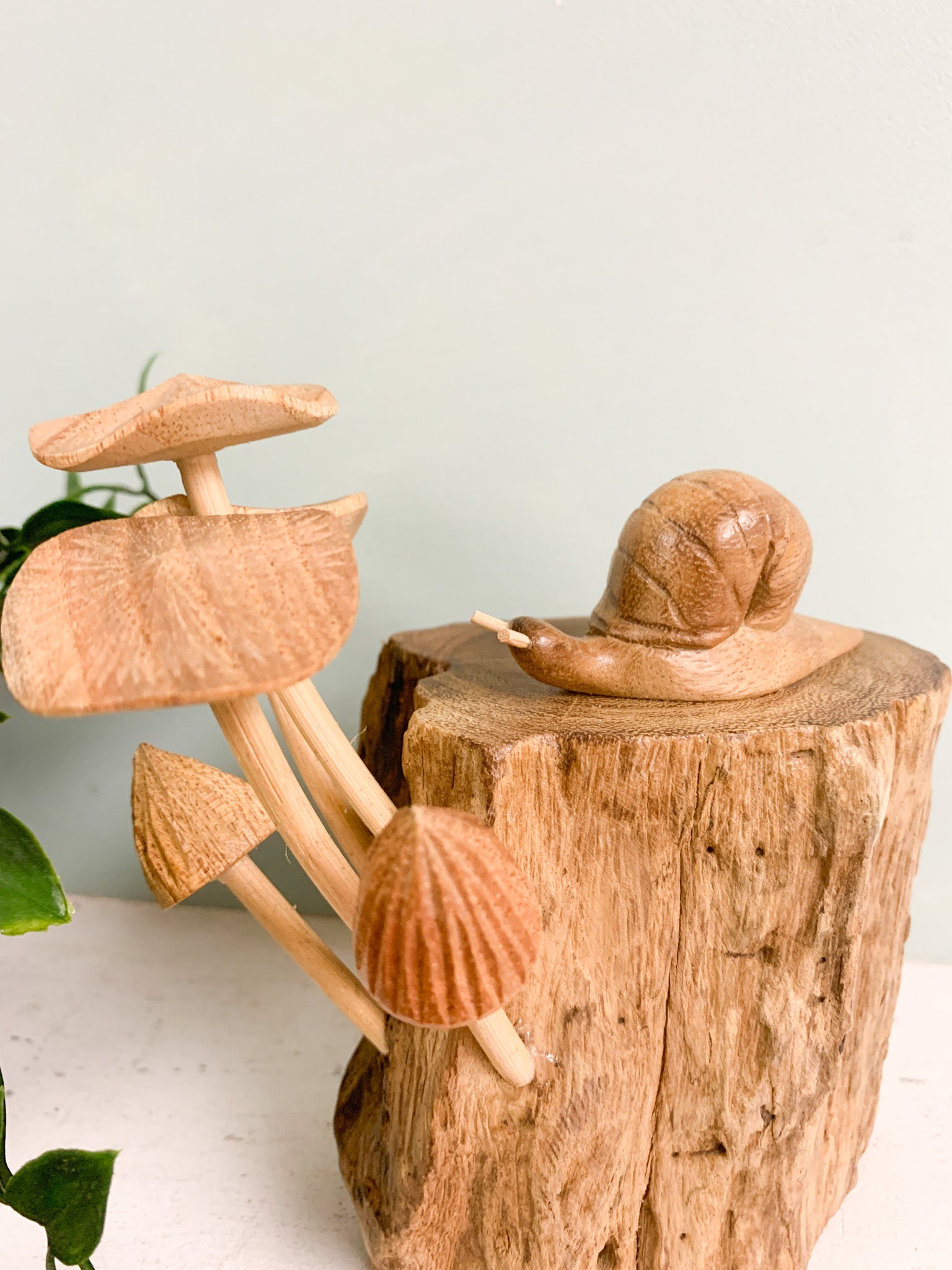 Wooden Snail with Mushrooms