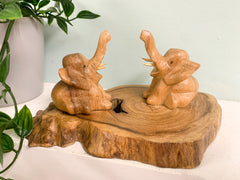 Double Sitting Elephants on Wooden Base