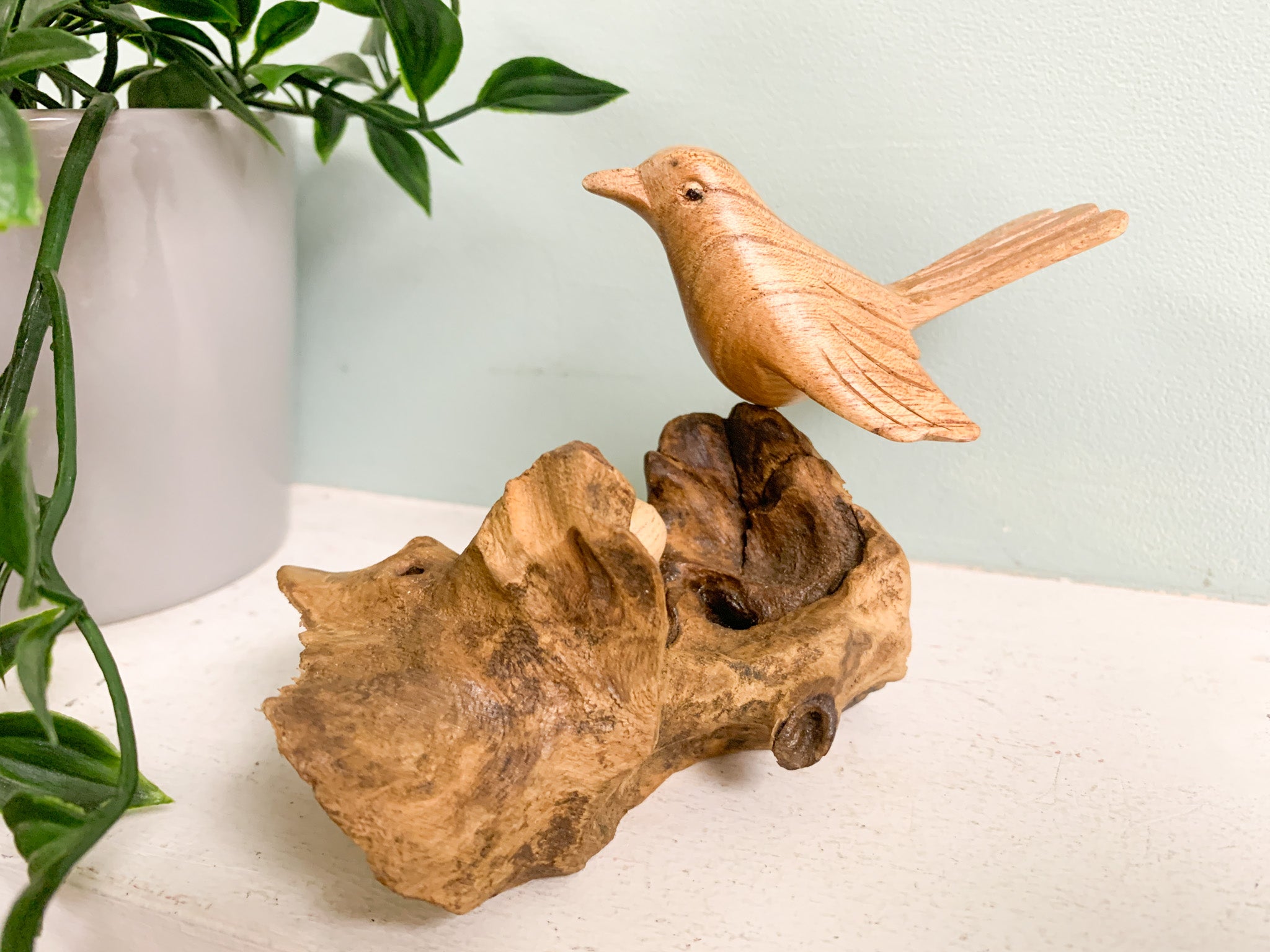 Wooden Single Bird with Eggs on Log