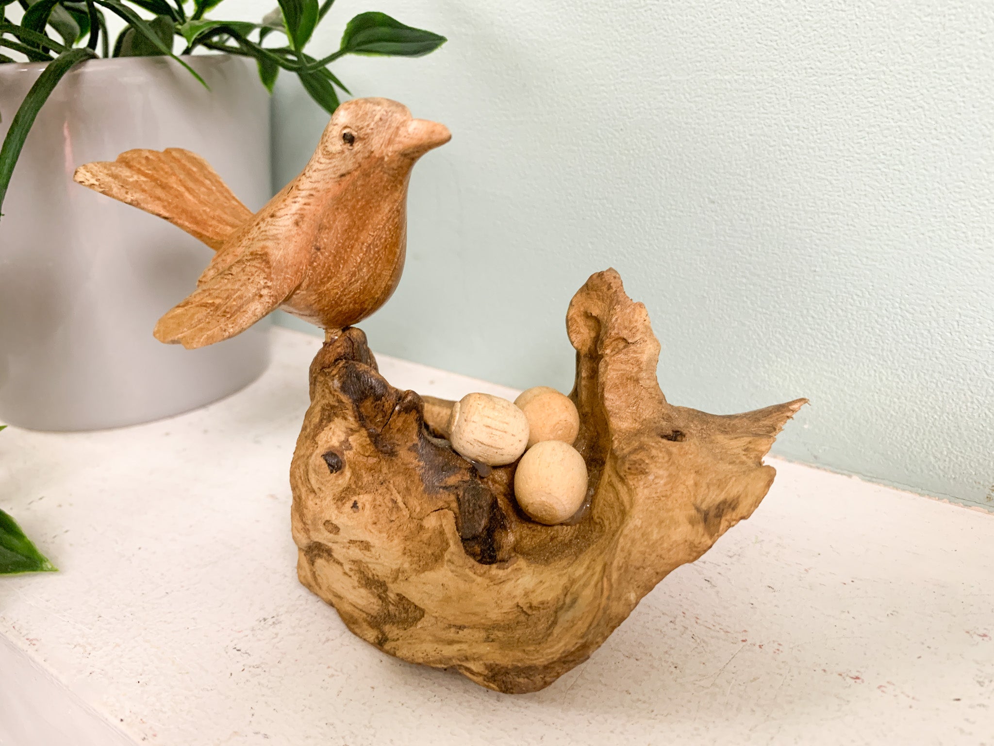 Wooden Single Bird with Eggs on Log