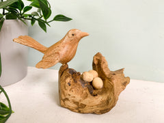 Wooden Single Bird with Eggs on Log