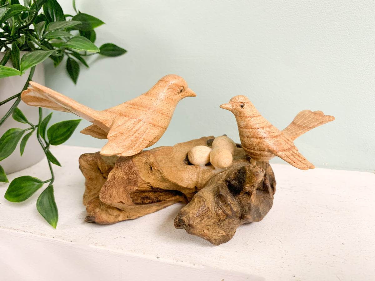 Wooden Double Bird with Eggs on Log