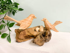 Wooden Double Bird with Eggs on Log