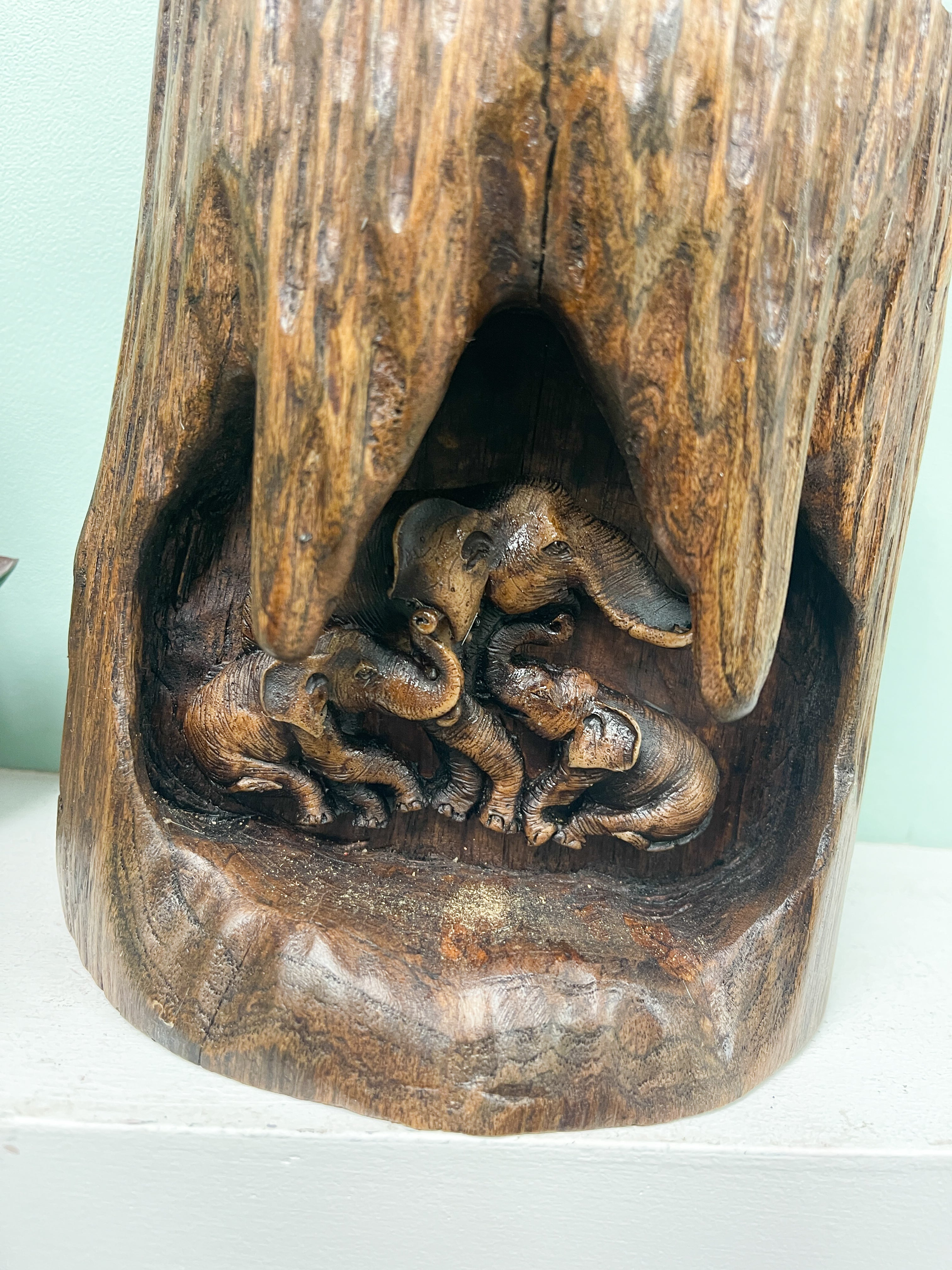 Wooden Elephant Family Log Tea Light holder With Glass Topper