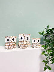 Painted Wooden Owls Natural Brown & White - Set of 3