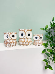 Painted Wooden Owls Natural Brown & White - Set of 3