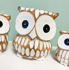 Painted Wooden Owls Natural Brown & White - Set of 3