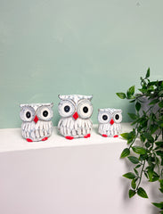 Painted Wooden Owls Blue & White - Set of 3