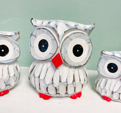 Painted Wooden Owls Blue & White - Set of 3