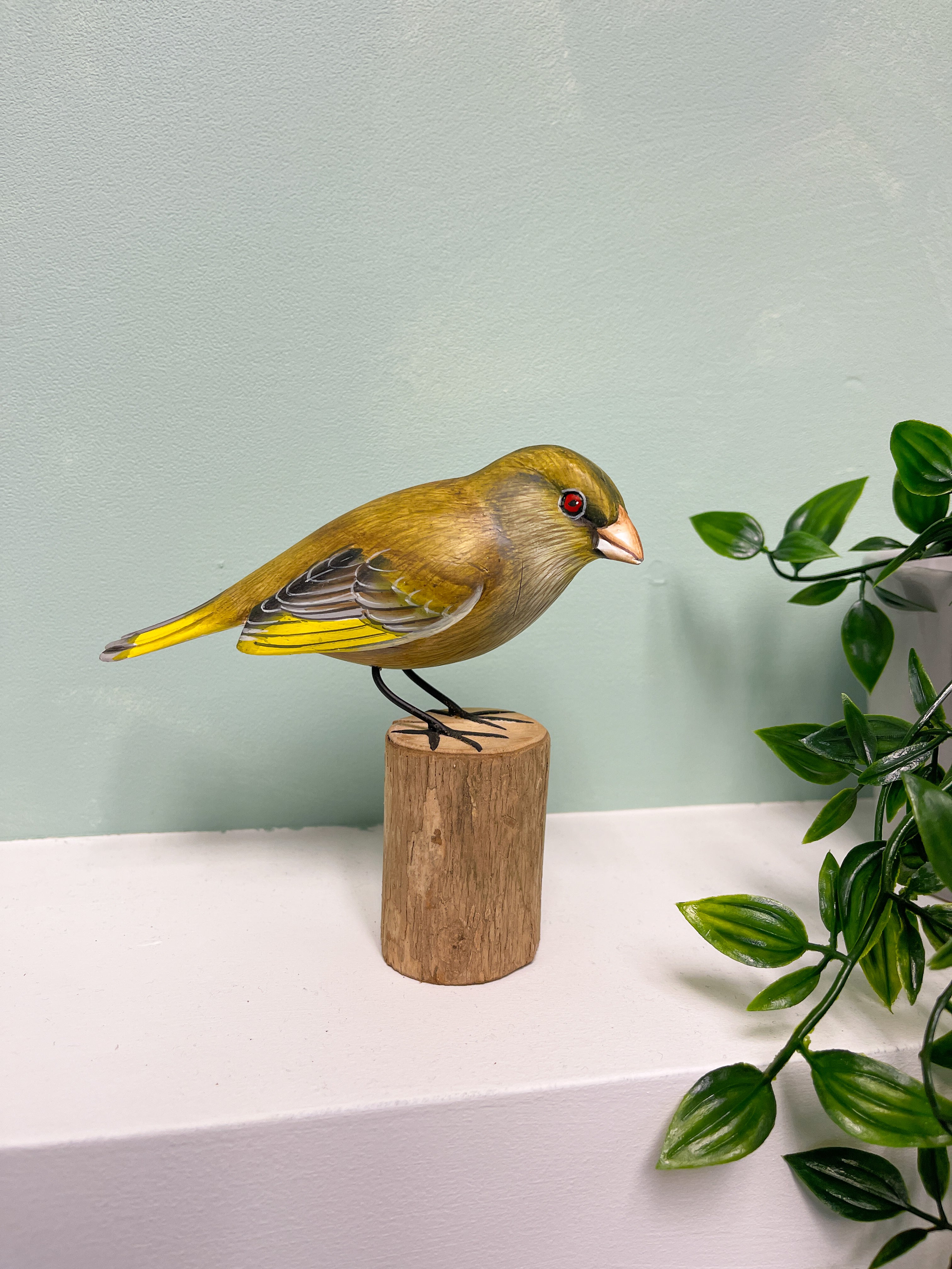 Handpainted Carved Wooden Green Finch on Wood