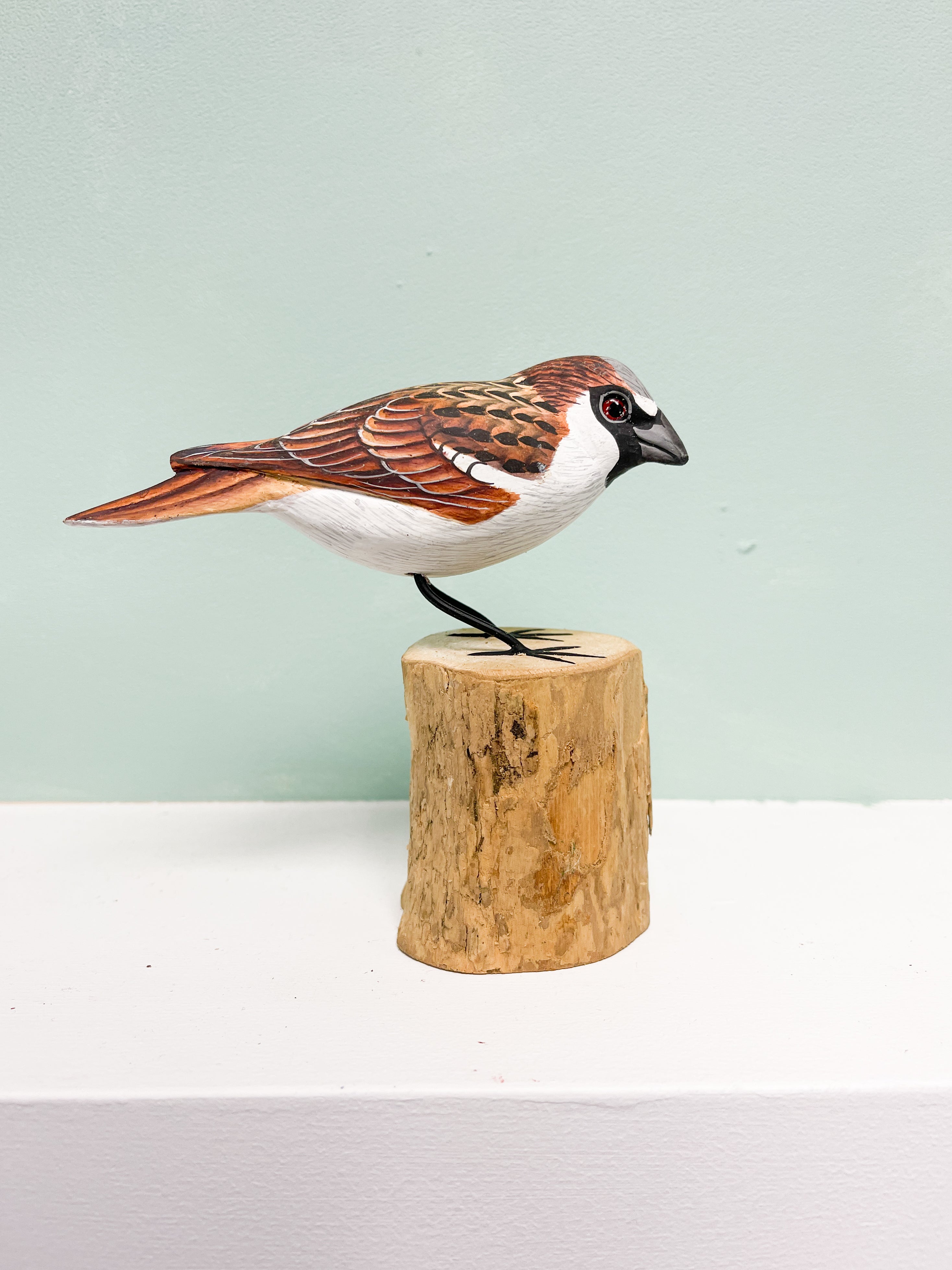 Handpainted Carved Sparrow on Wood