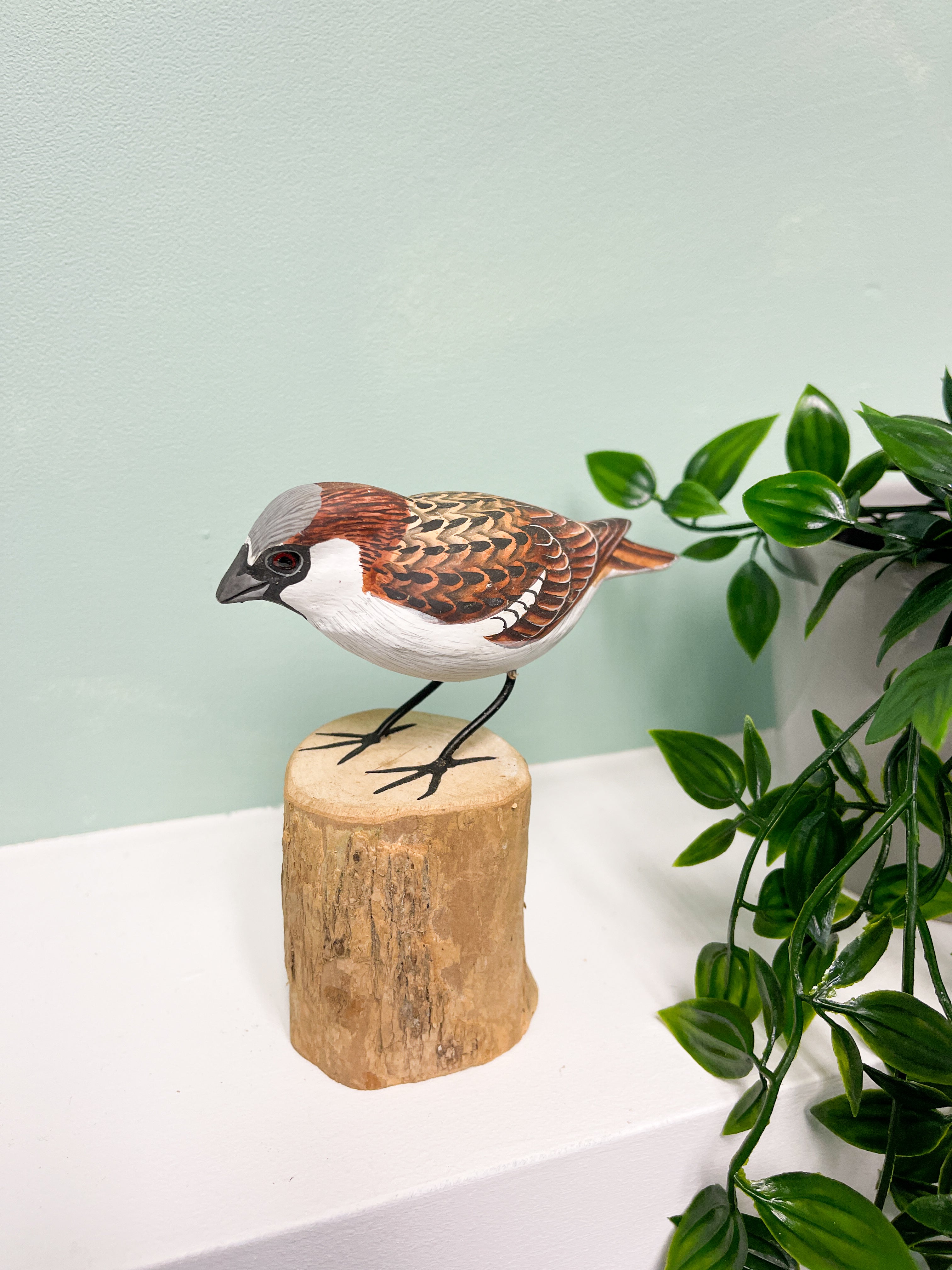 Handpainted Carved Sparrow on Wood