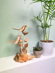 Wooden Carved Double Birds on Mushrooms