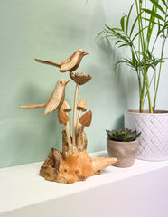 Wooden Carved Double Birds on Mushrooms