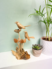 Wooden Carved Double Birds on Mushrooms