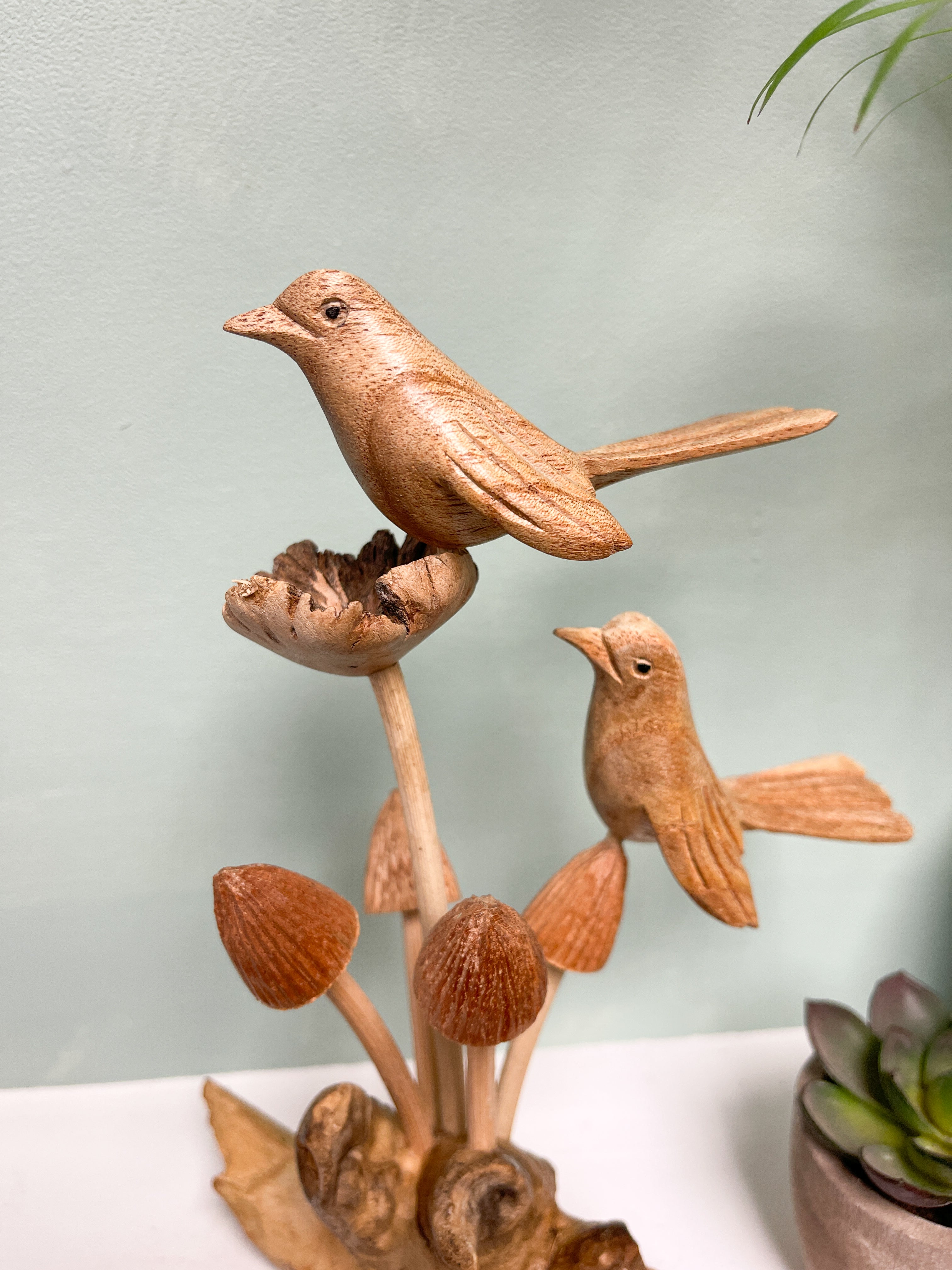 Wooden Carved Double Birds on Mushrooms