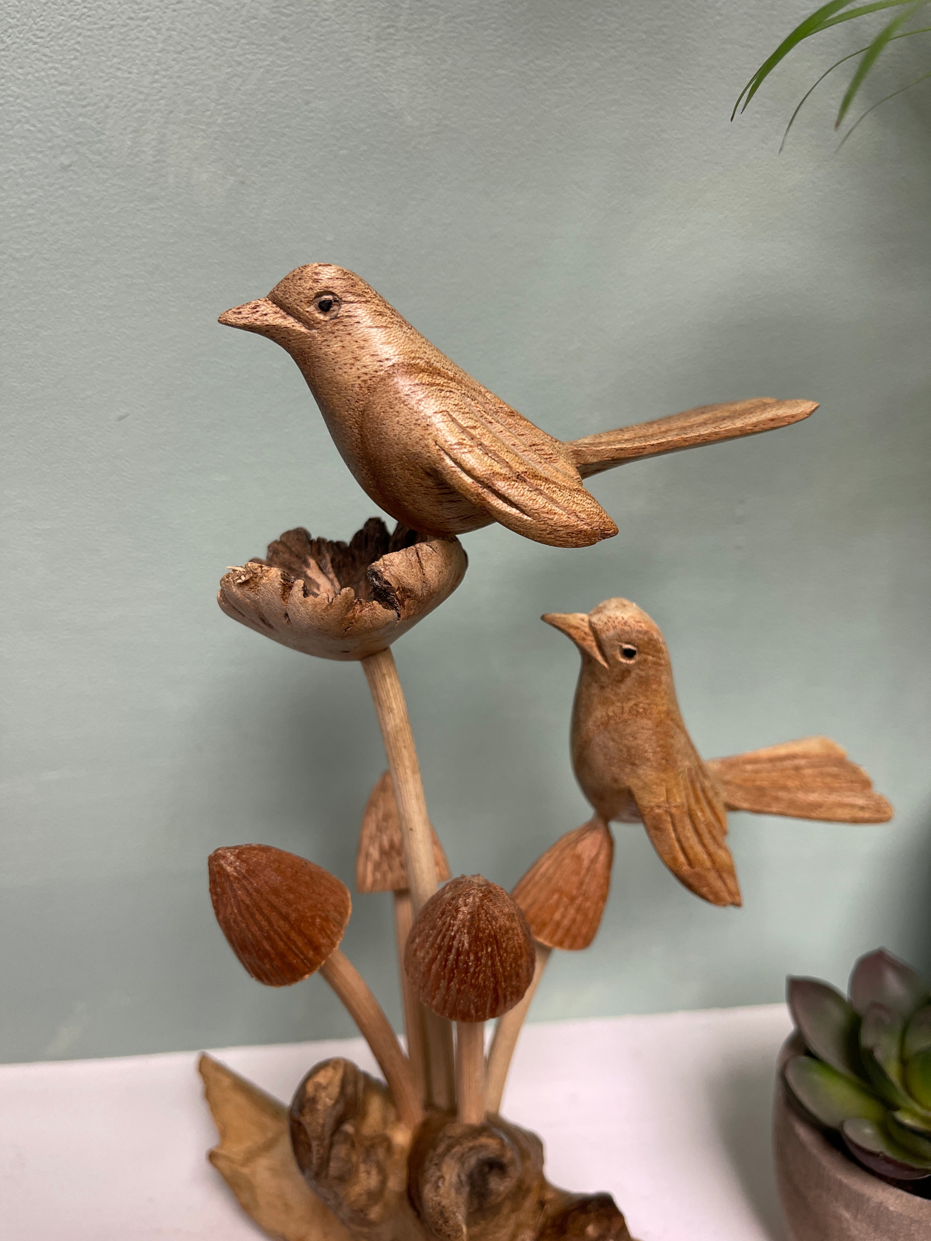 Wooden Carved Double Birds on Mushrooms