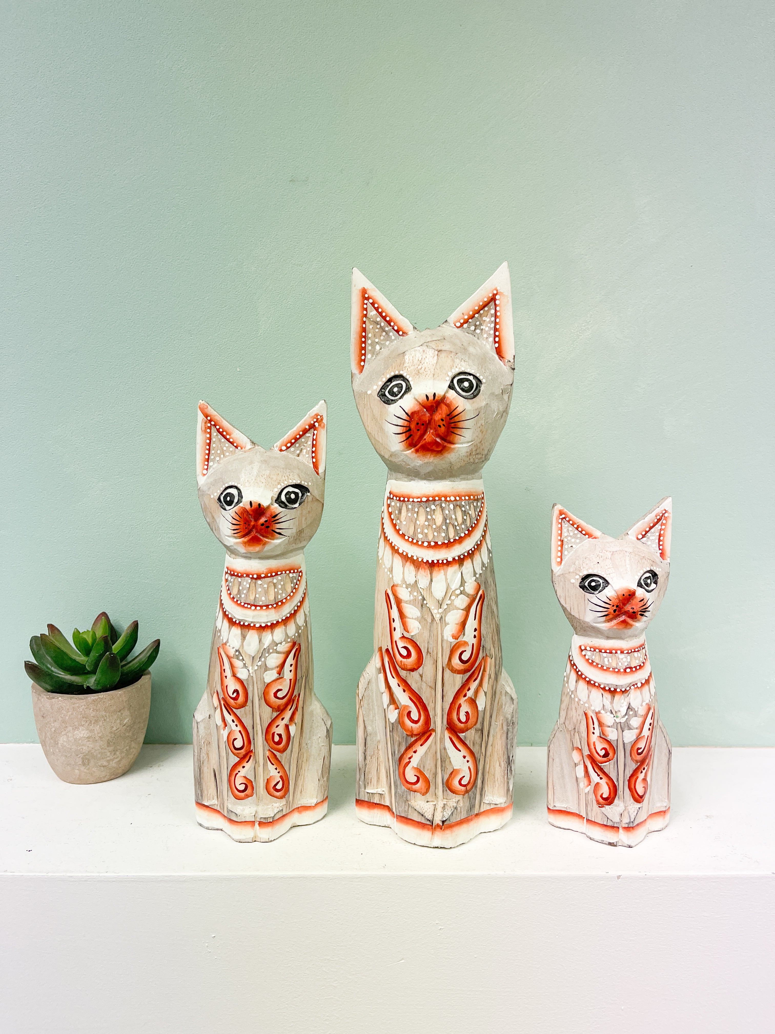 Wooden Painted Cats Natural - Set of 3