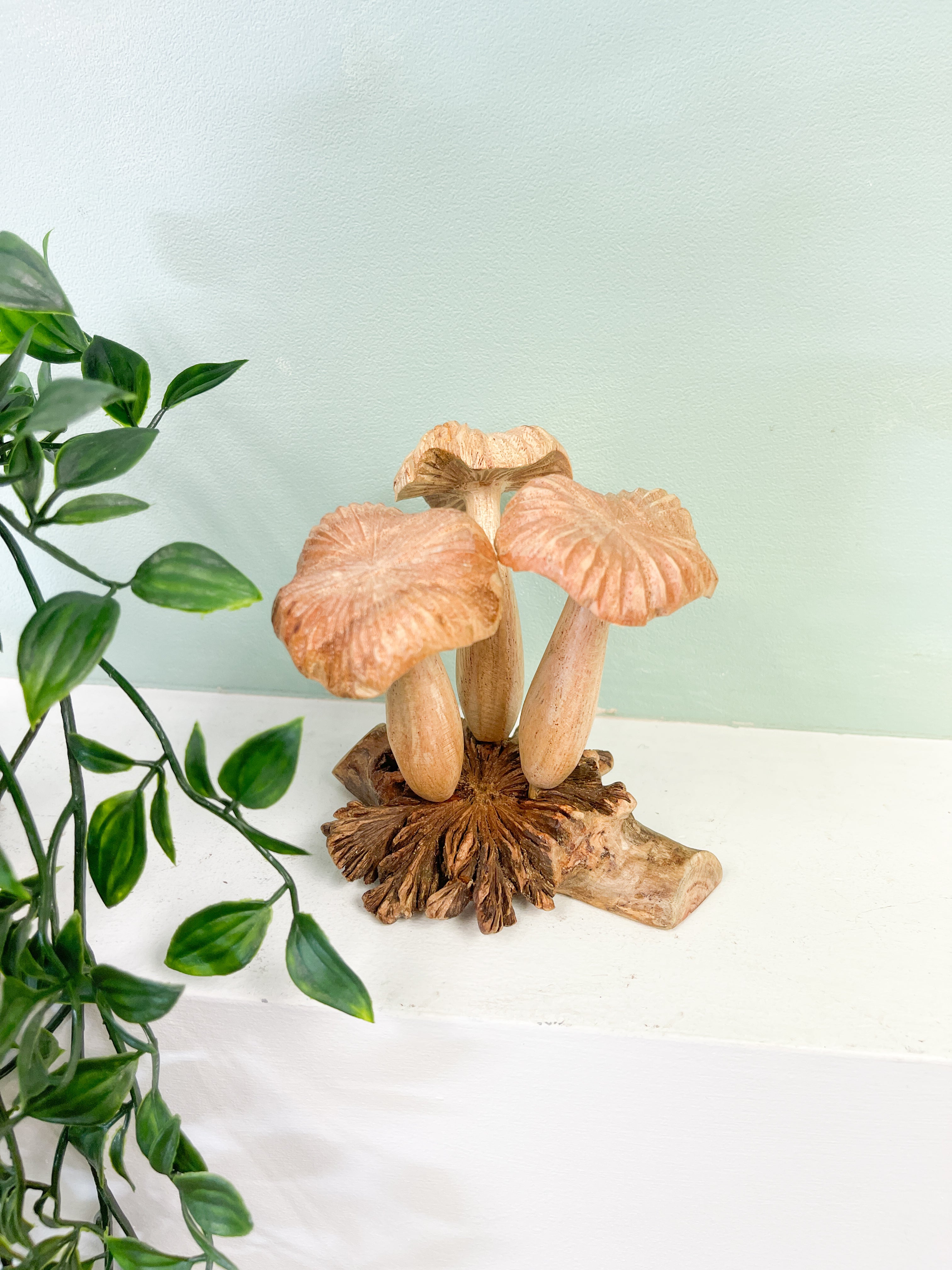 Wooden Mushrooms Group of Three on Parasite Wood