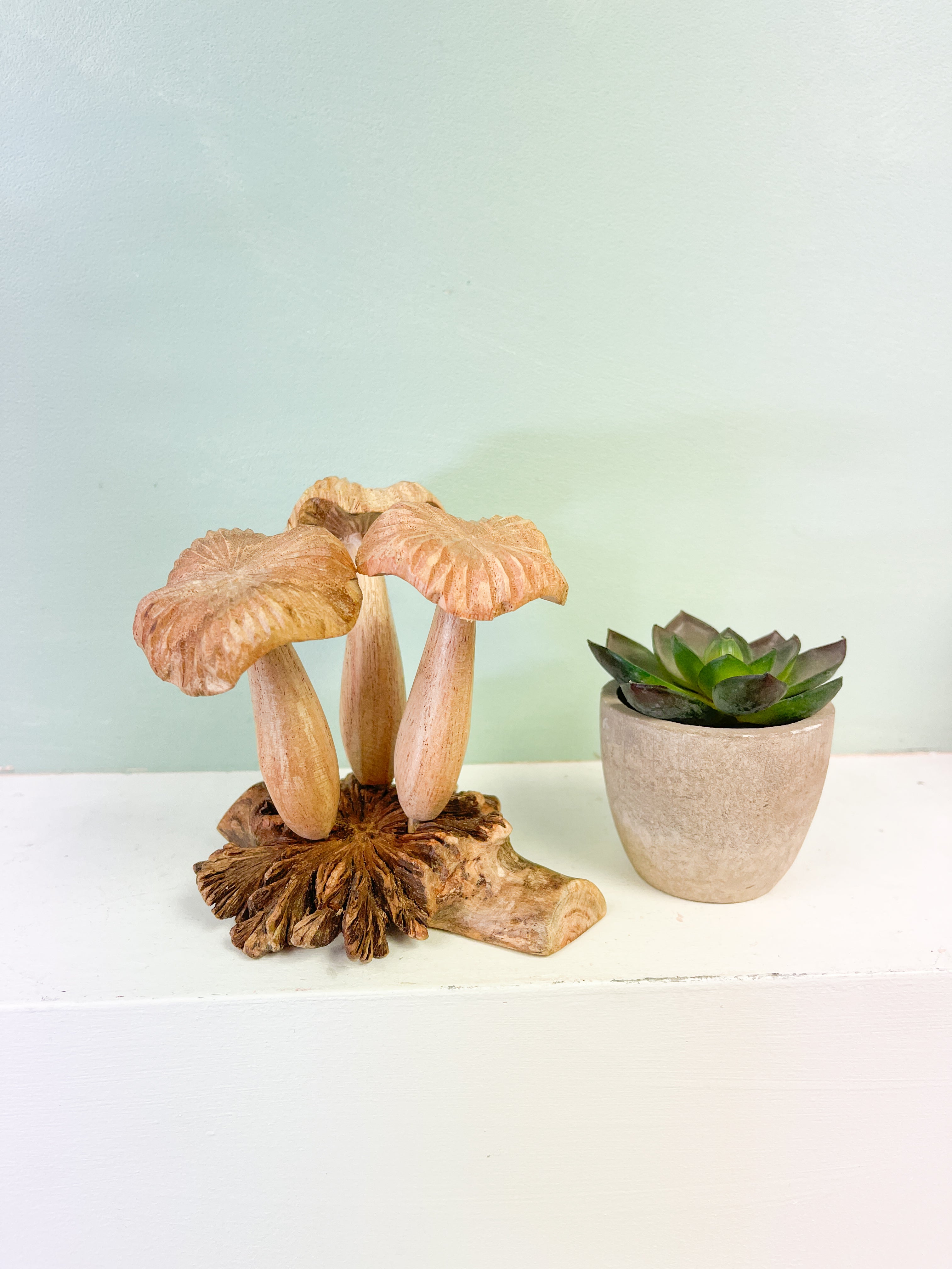 Wooden Mushrooms Group of Three on Parasite Wood