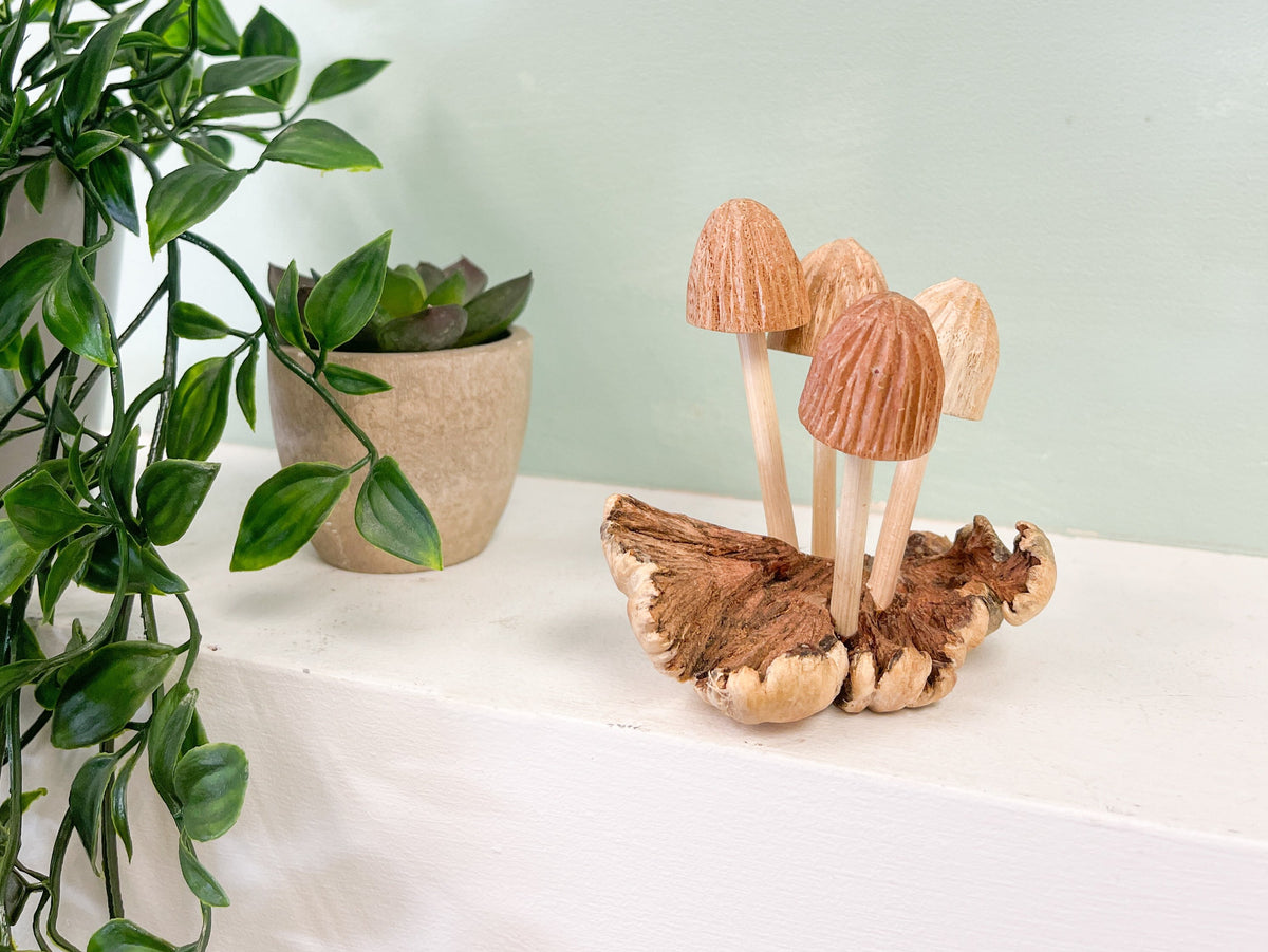 Wooden Mushrooms Group of Four on Parasite Wood