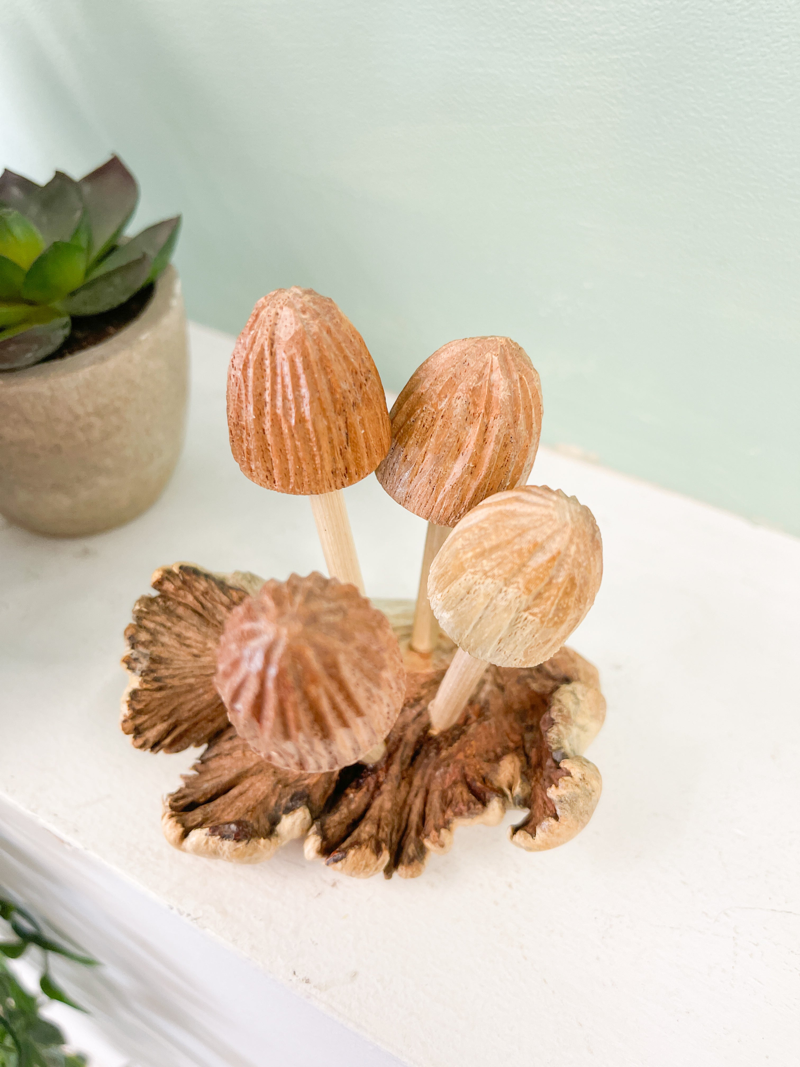 Wooden Mushrooms Group of Four on Parasite Wood