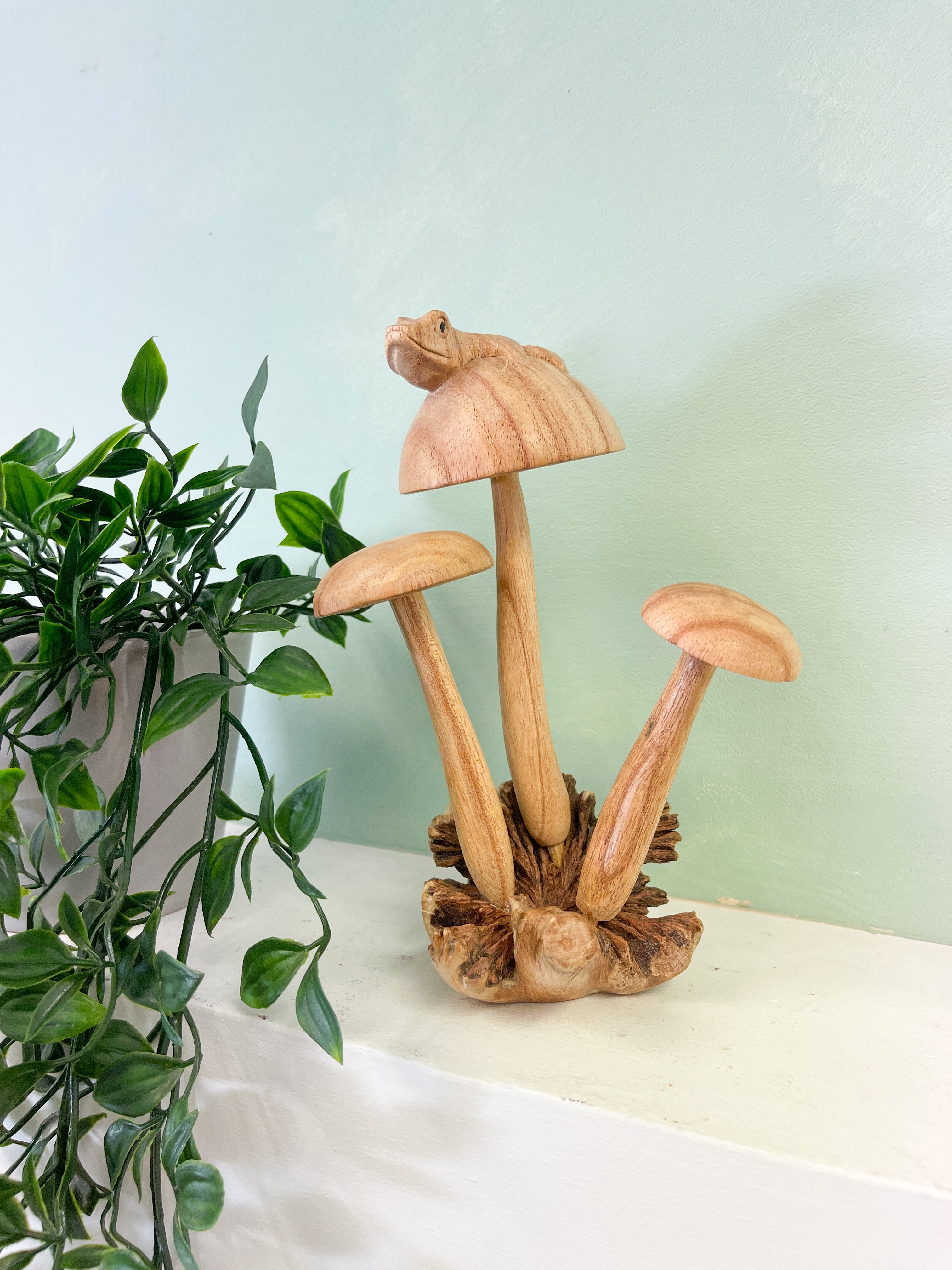 Wooden Frog on Three Mushrooms Parasite Wood