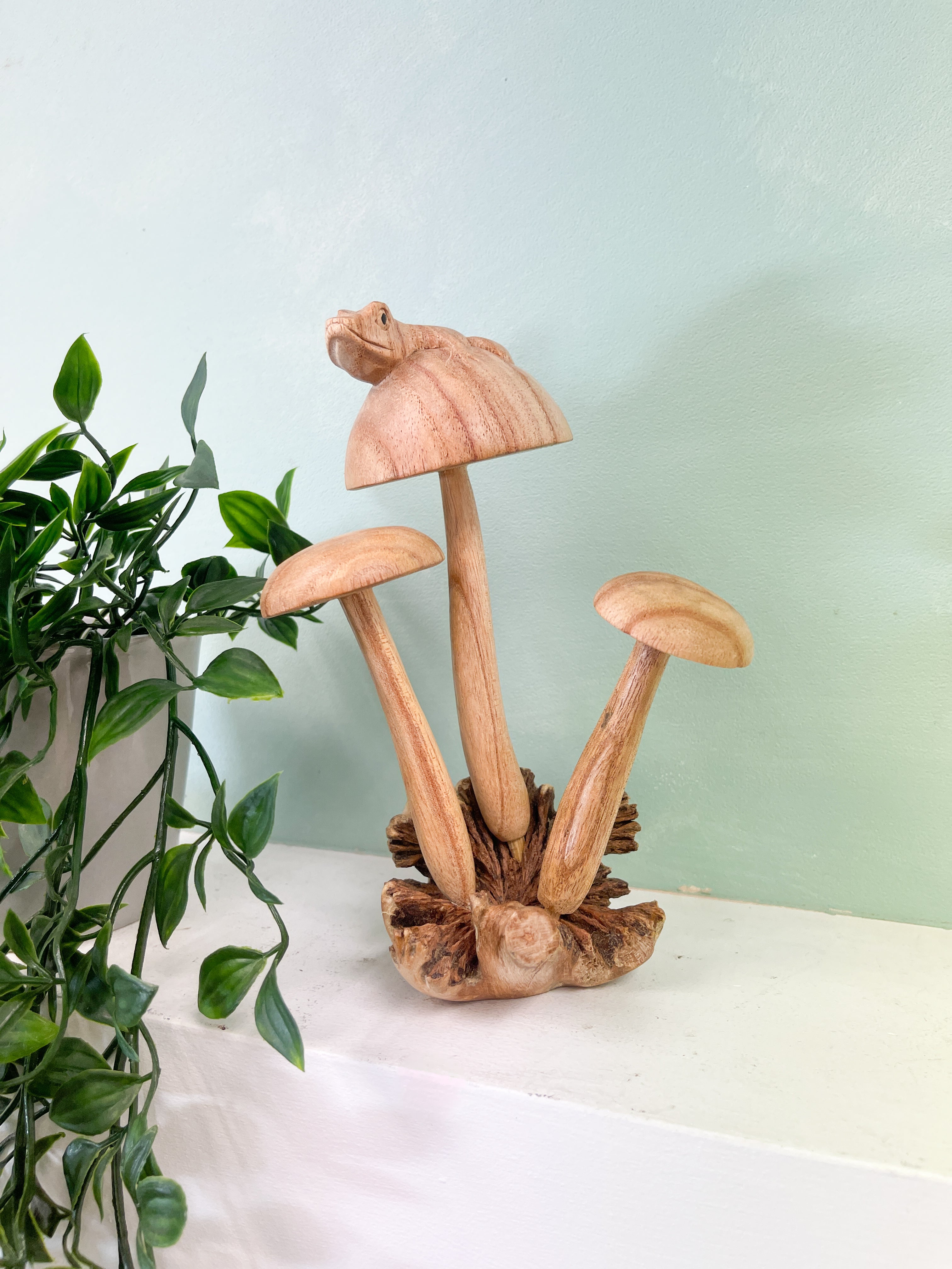 Wooden Frog on Three Mushrooms Parasite Wood