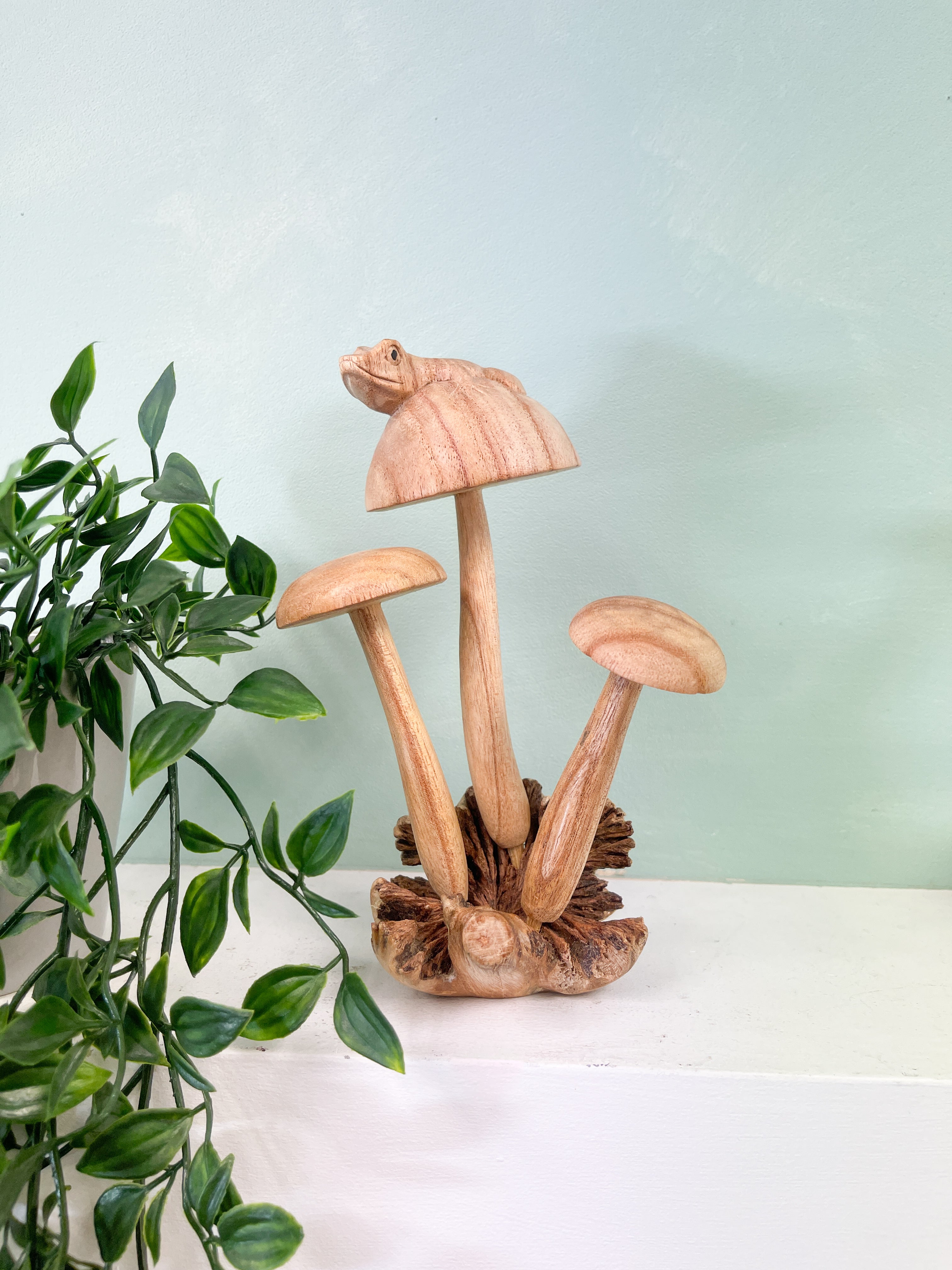 Wooden Frog on Three Mushrooms Parasite Wood