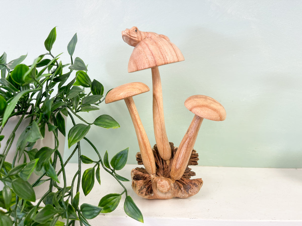 Wooden Frog on Three Mushrooms Parasite Wood