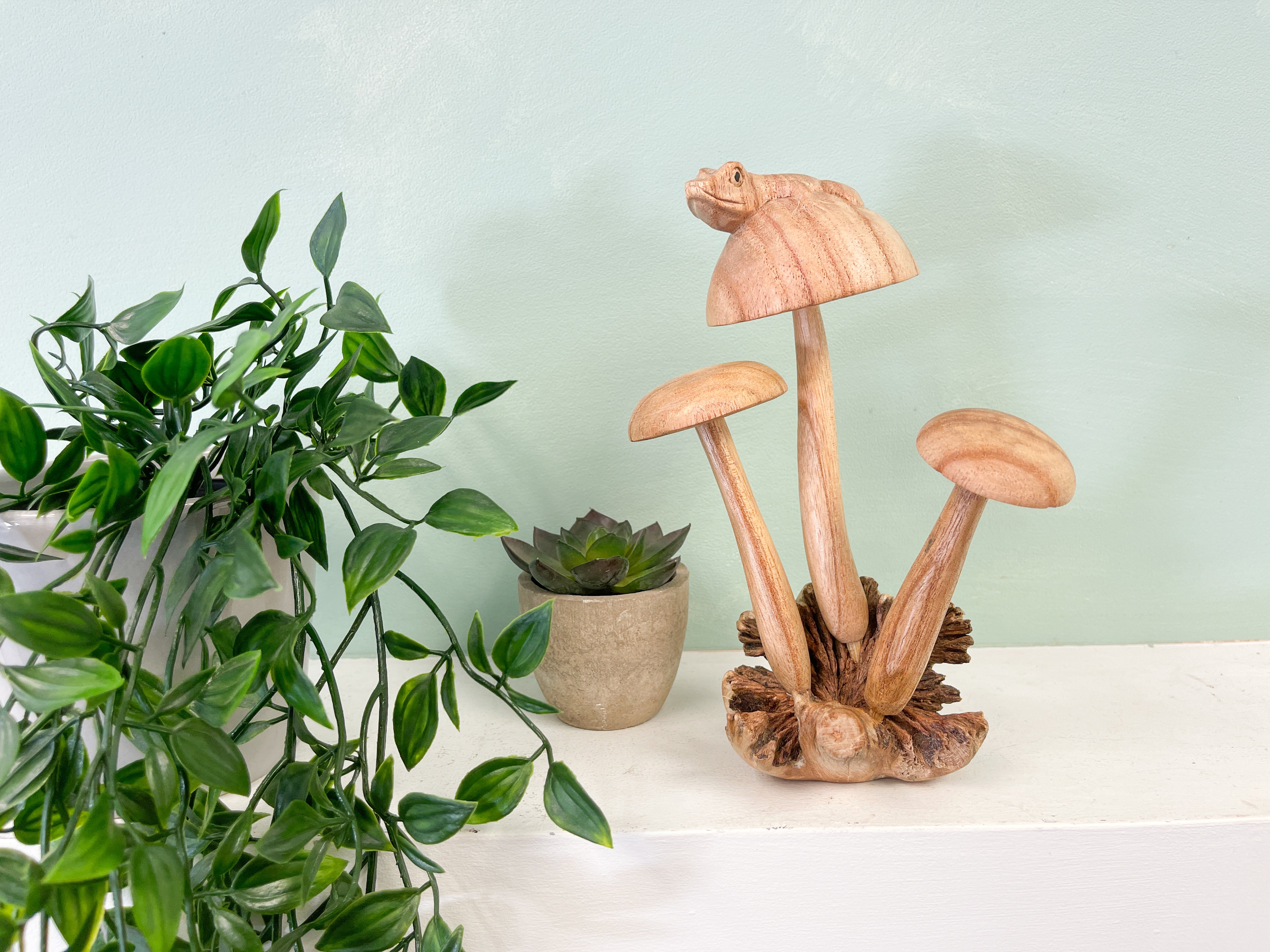 Wooden Frog on Three Mushrooms Parasite Wood