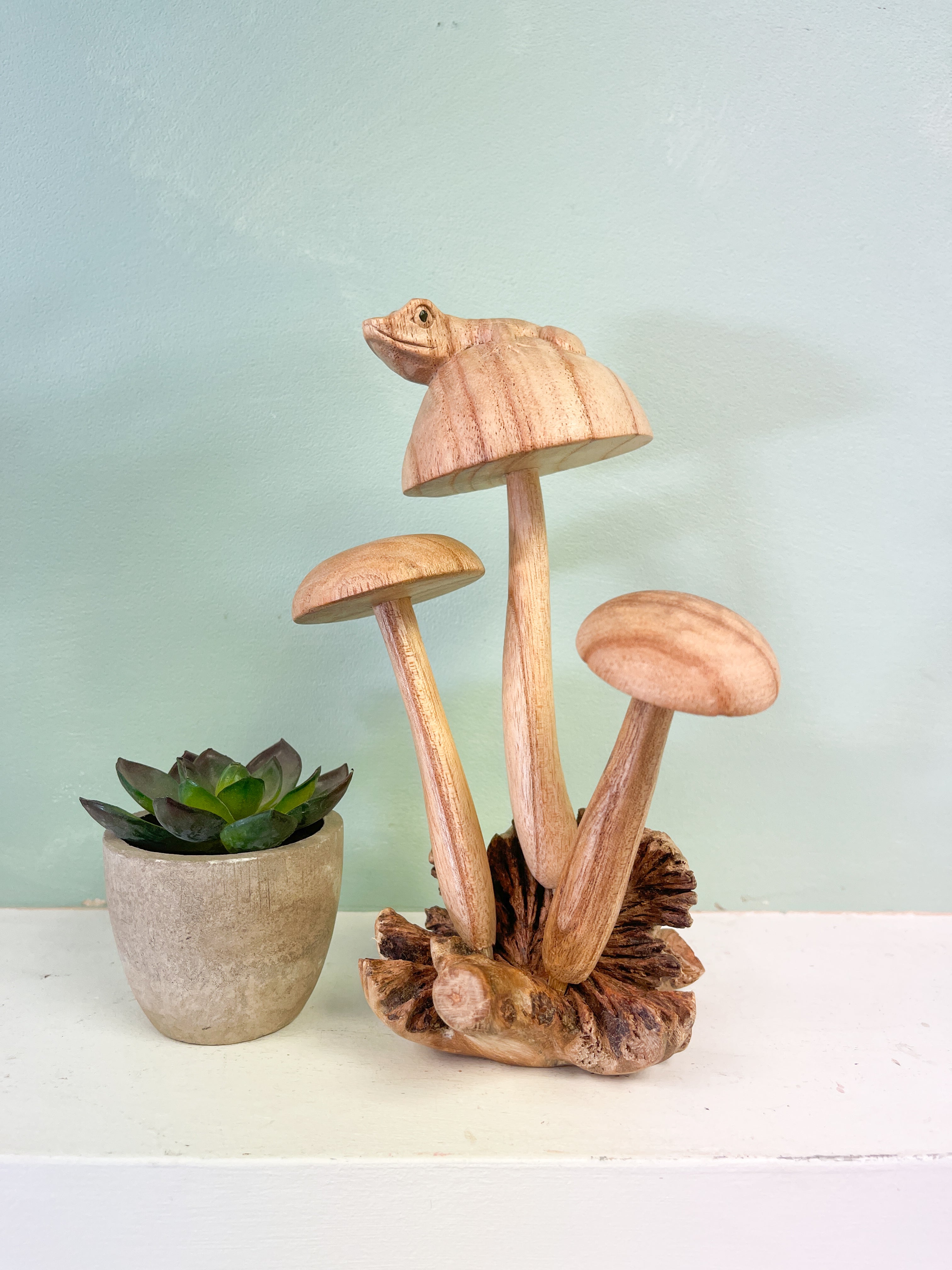 Wooden Frog on Three Mushrooms Parasite Wood