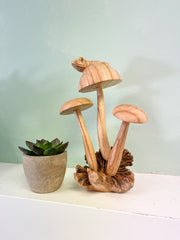 Wooden Frog on Three Mushrooms Parasite Wood