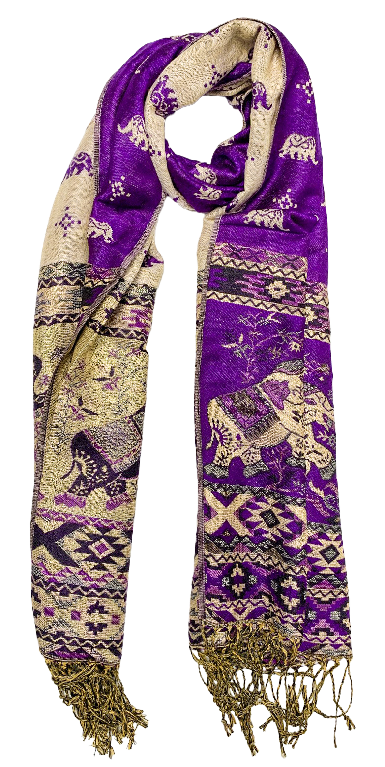 Purple and Gold Elephant Cashmere Scarf