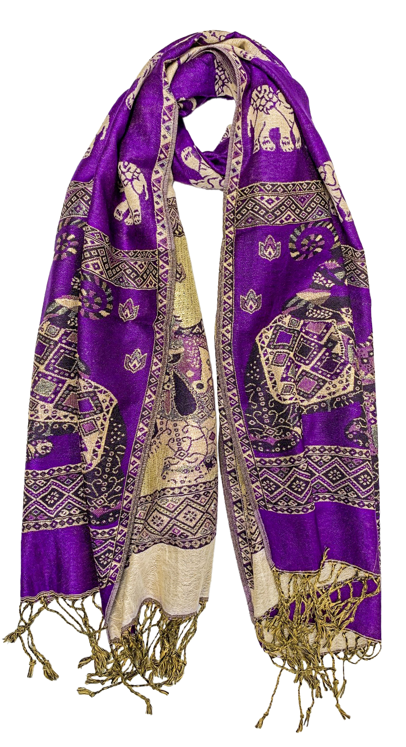 Purple and Gold Elephant Cashmere Scarf