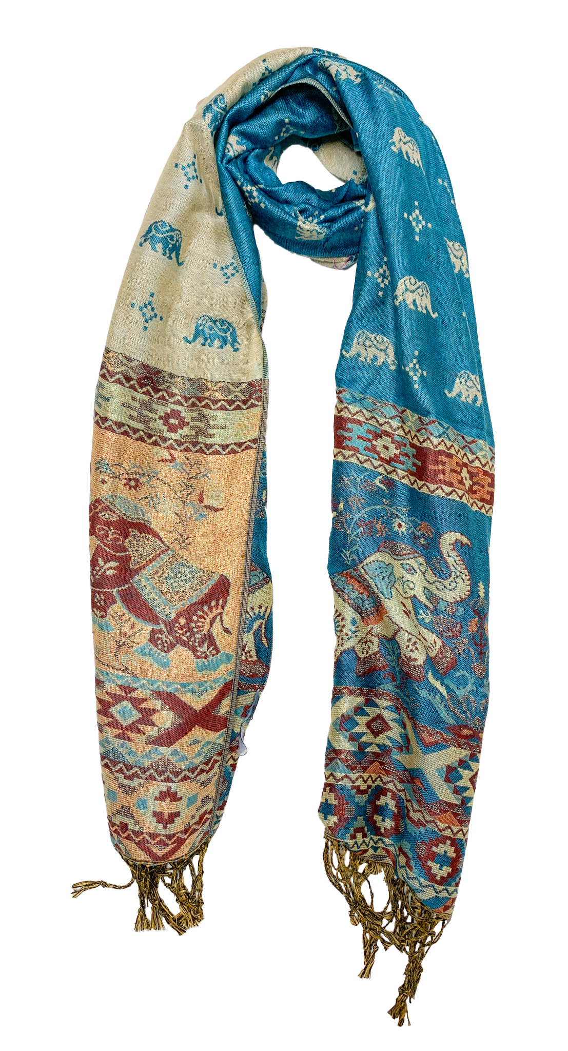 Turquoise and Gold Elephant Cashmere Scarf
