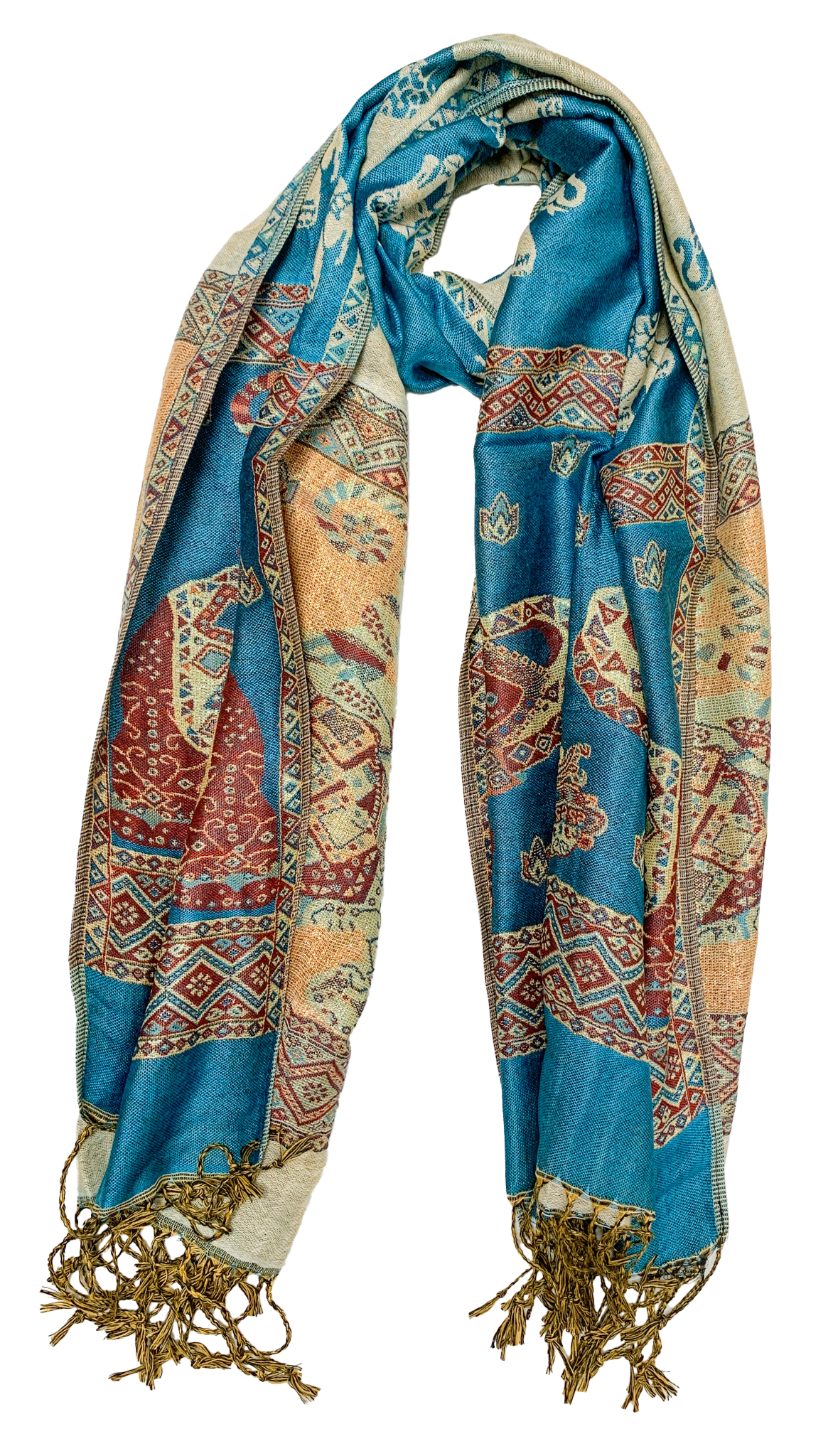 Turquoise and Gold Elephant Cashmere Scarf
