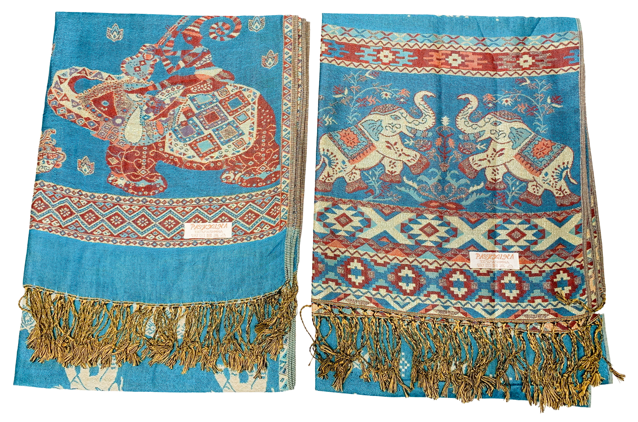 Turquoise and Gold Elephant Cashmere Scarf