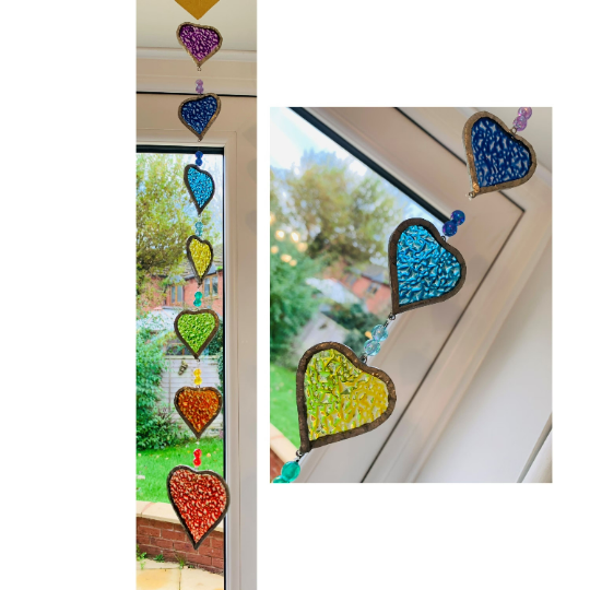 Glass Windchime - 7 Rainbow Hearts