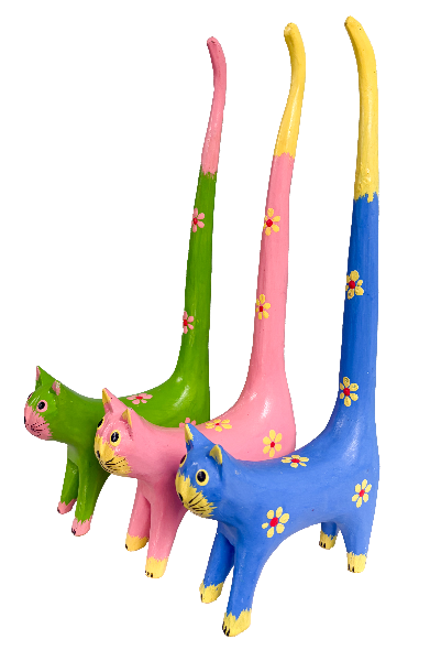 Wooden Flower Painted Long Tail Cats