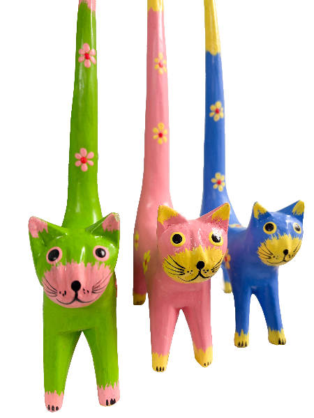 Wooden Flower Painted Long Tail Cats