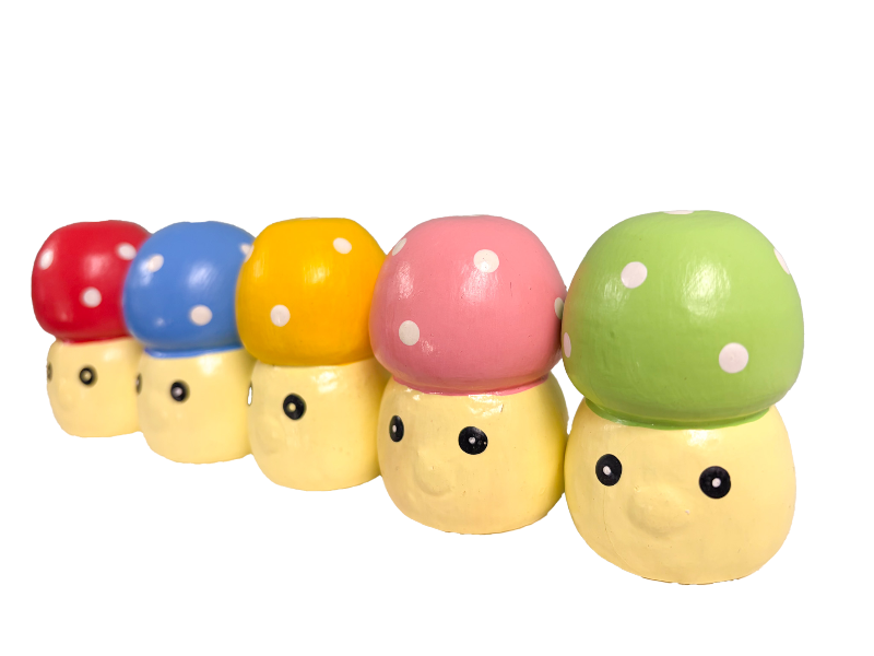 Wooden Mushrooms with Faces - Set of Five