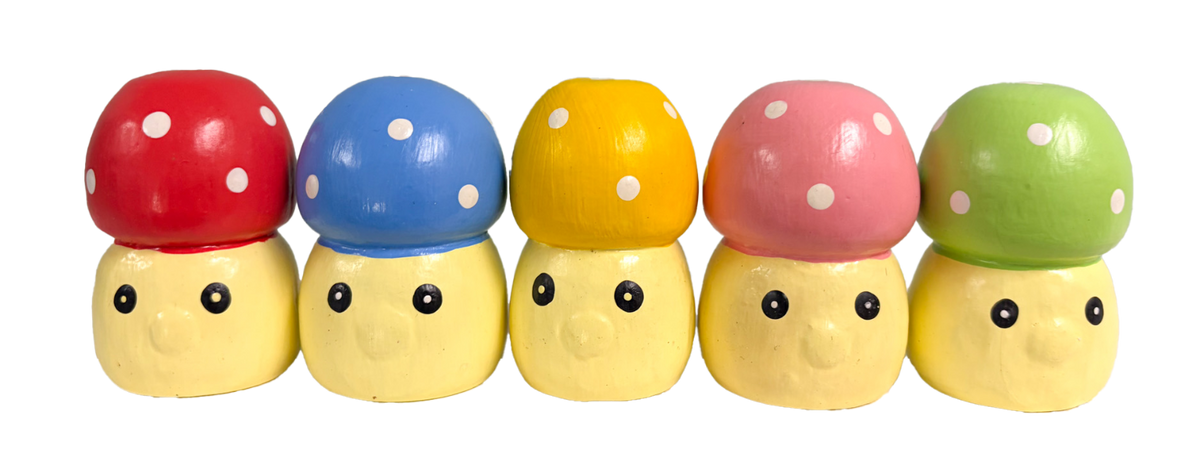 Wooden Mushrooms with Faces - Set of Five
