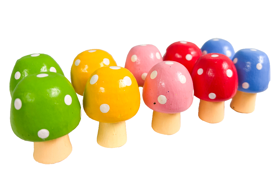 Wooden Mushrooms Assorted Colours - Set of Ten