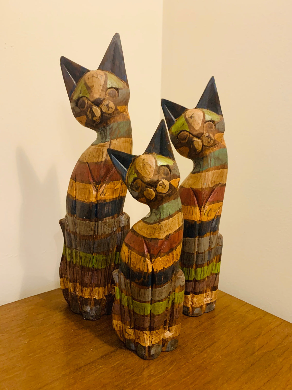 Painted Wooden Cats 'Stripes' Set of 3 - Small