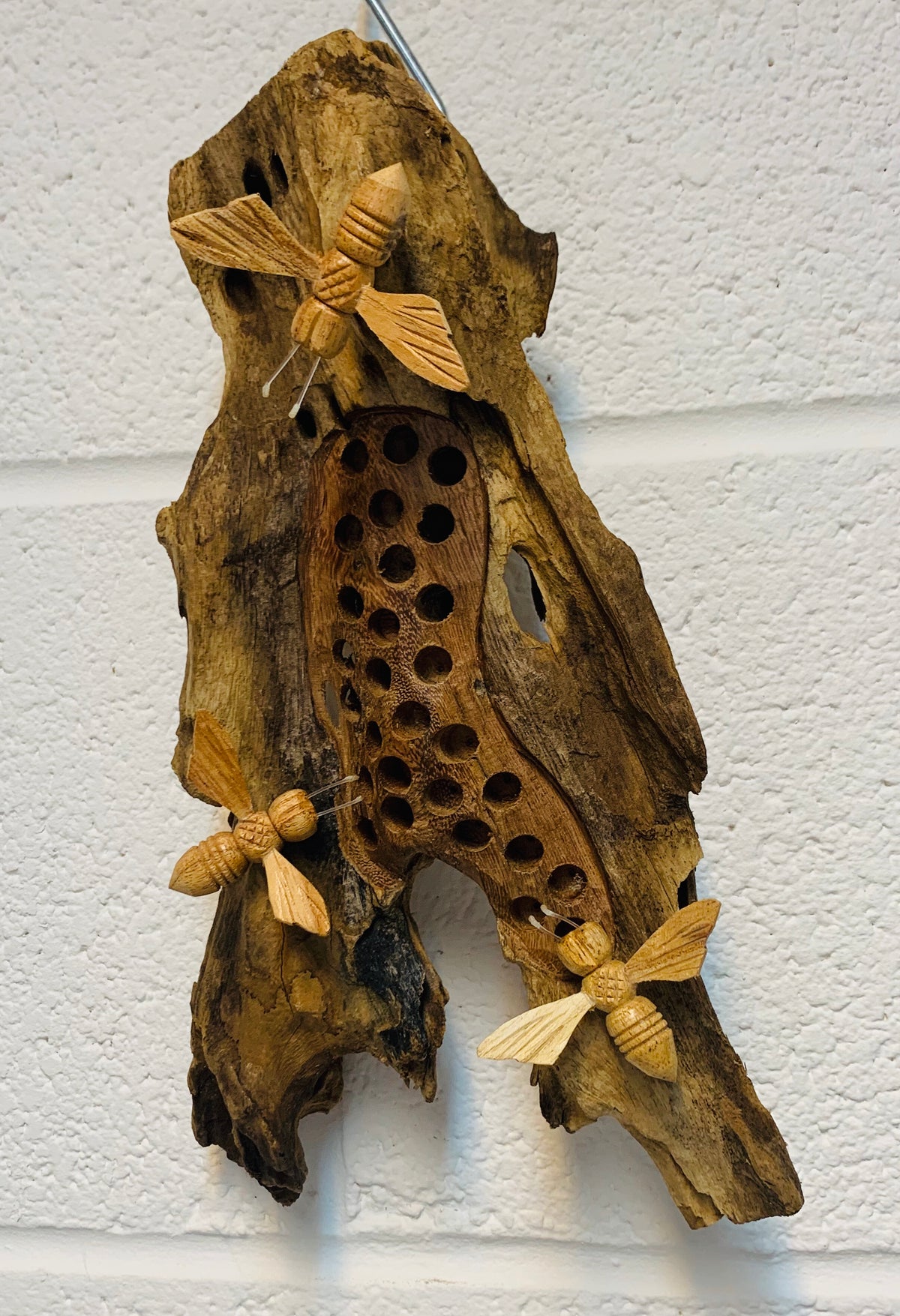 Wooden Bee Hotel Hanging with 3 Hand Carved Bees