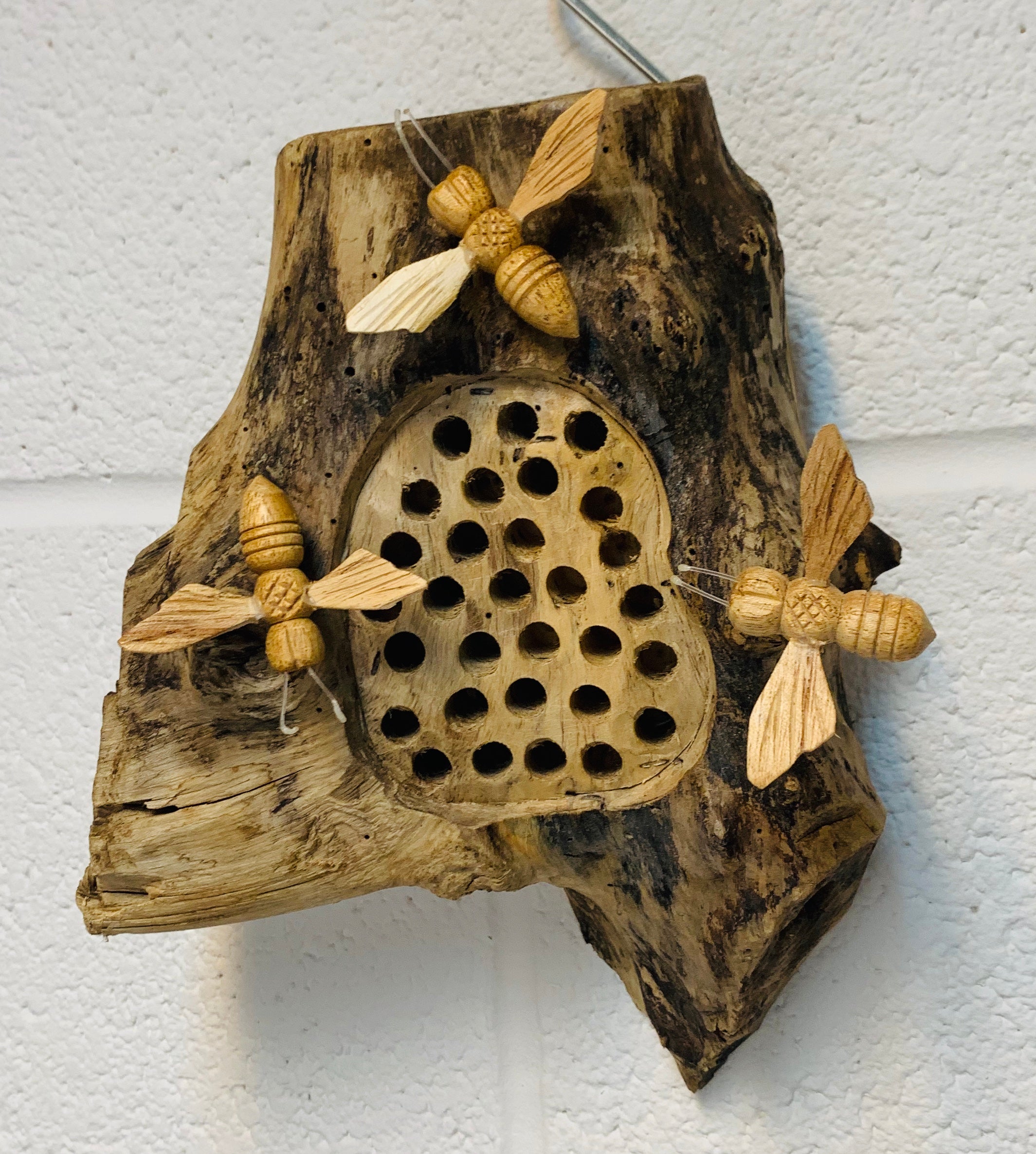 Wooden Bee Hotel Hanging with 3 Hand Carved Bees