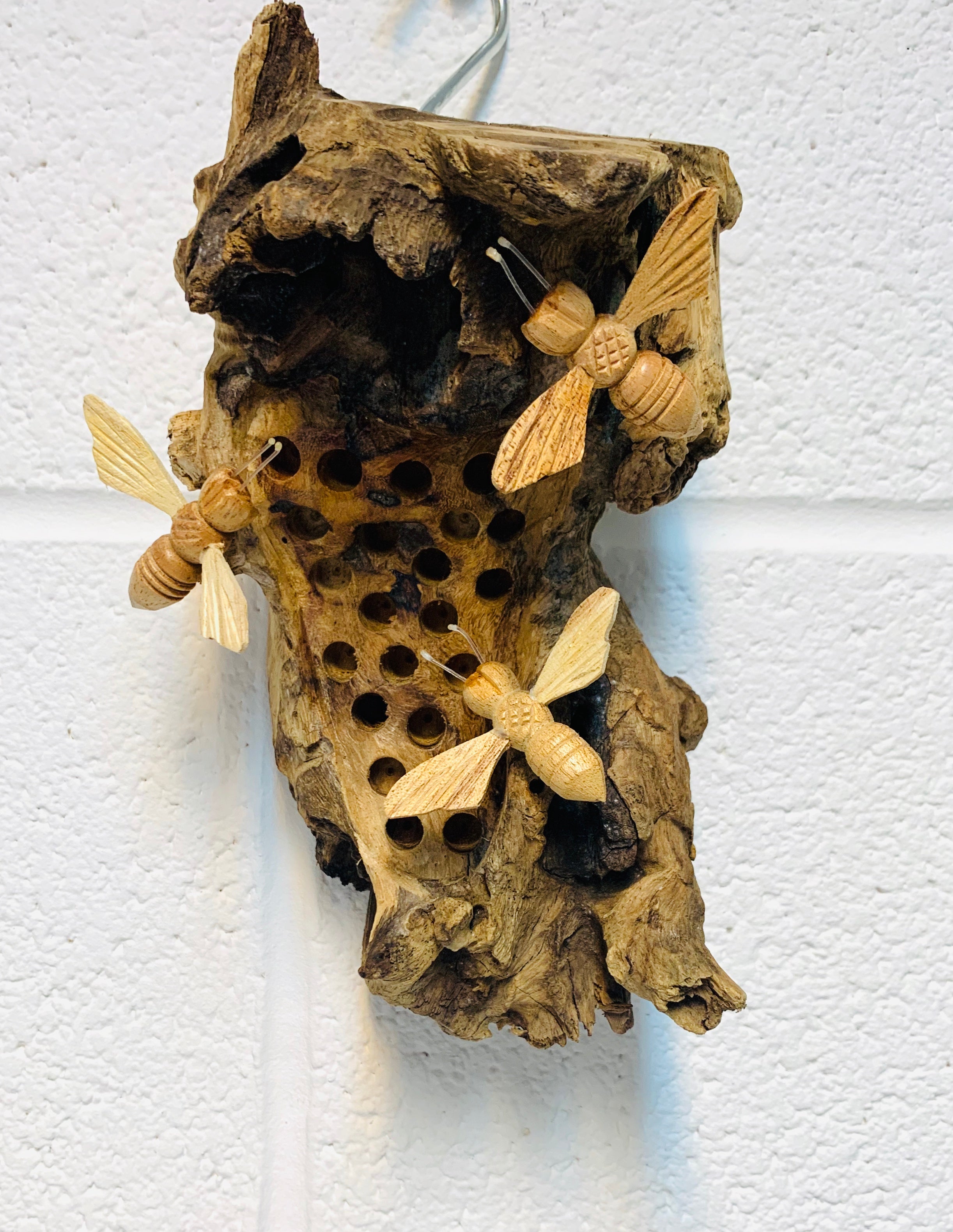 Wooden Bee Hotel Hanging with 3 Hand Carved Bees